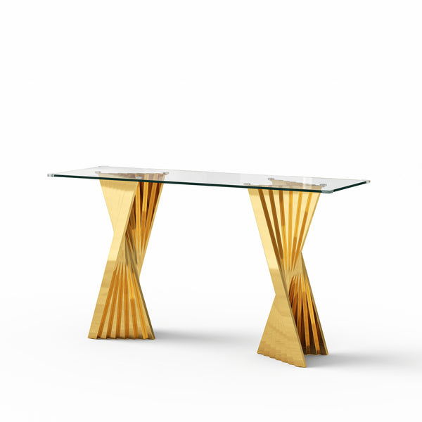 #CLEAR/GOLD 55 Inch 10mm Glass Console Table with Metal Base View 13
