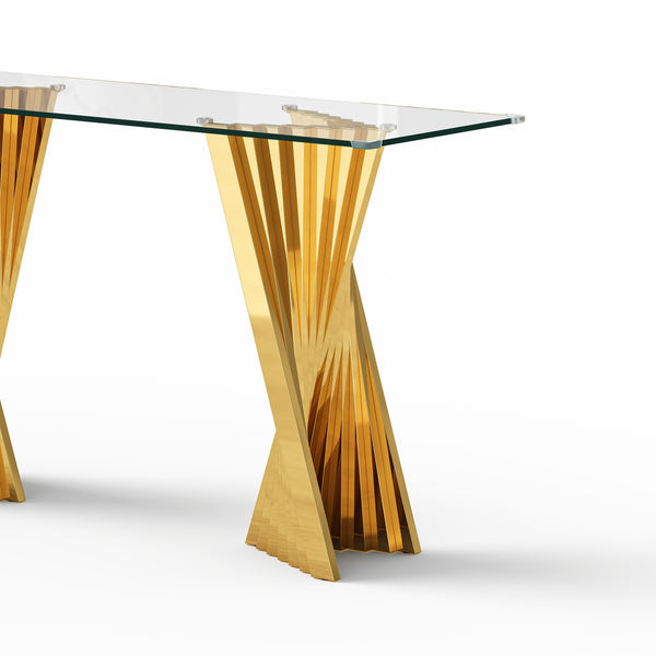 #CLEAR/GOLD 55 Inch 10mm Glass Console Table with Metal Base View 9