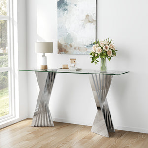 #CLEAR/SILVER 55 Inch 10mm Glass Console Table with Metal Base Detail View