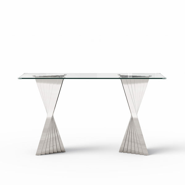#CLEAR/SILVER 55 Inch 10mm Glass Console Table with Metal Base View 23