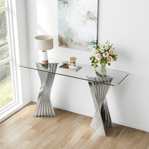 #CLEAR/SILVER 55 Inch 10mm Glass Console Table with Metal Base View 15