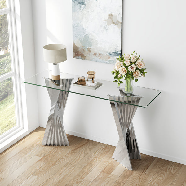 #CLEAR/SILVER 55 Inch 10mm Glass Console Table with Metal Base View 15