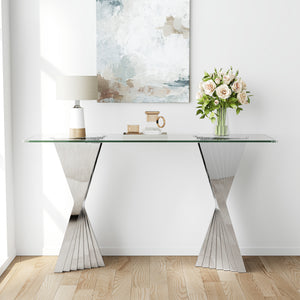 #CLEAR/SILVER 55 Inch 10mm Glass Console Table with Metal Base View 16