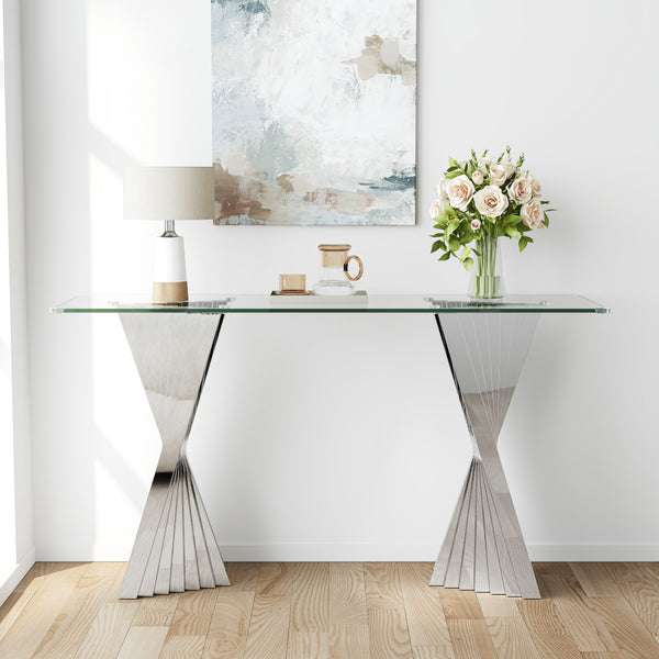 #CLEAR/SILVER 55 Inch 10mm Glass Console Table with Metal Base View 16