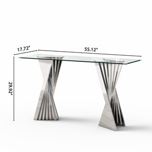 #CLEAR/SILVER 55 Inch 10mm Glass Console Table with Metal Base Dimensions Diagram