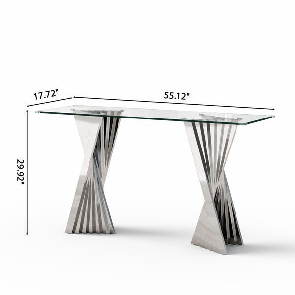 #CLEAR/SILVER 55 Inch 10mm Glass Console Table with Metal Base Dimensions Diagram