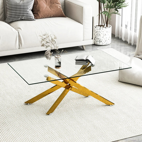 #CLEAR/GOLD 47 Inch Clear Glass Coffee Table with Tubular Metal Base Detail View