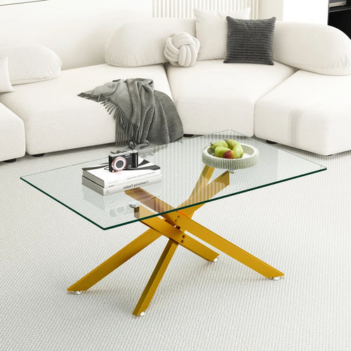 #CLEAR/GOLD 47 Inch Clear Glass Coffee Table with Tubular Metal Base in Living Room Decor
