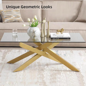 #CLEAR/GOLD 47 Inch Clear Glass Coffee Table with Tubular Metal Base Close Up Detail