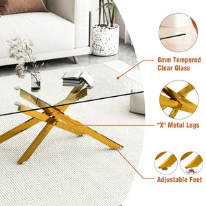 #CLEAR/GOLD 47 Inch Clear Glass Coffee Table with Tubular Metal Base View 7