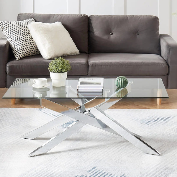 #CLEAR/SILVER 47 Inch Clear Glass Coffee Table with Tubular Metal Base View 13
