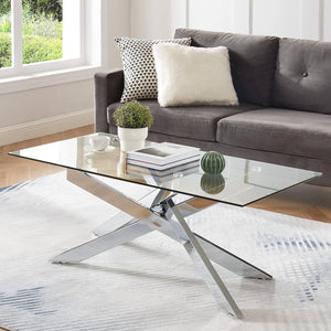 #CLEAR/SILVER 47 Inch Clear Glass Coffee Table with Tubular Metal Base View 12