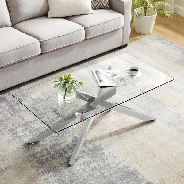 #CLEAR/SILVER 47 Inch Clear Glass Coffee Table with Tubular Metal Base View 11