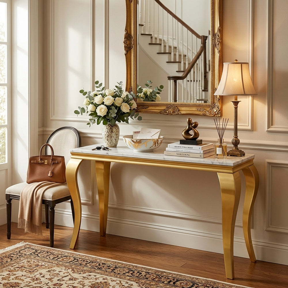 #White/Gold 47 Inch White MDF Console Table with Metal Base - Zemorn