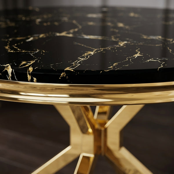 #Black/Gold LuxeWood 47 Inch Round MDF Dining Table with Metal Base, Seats 4 View 12