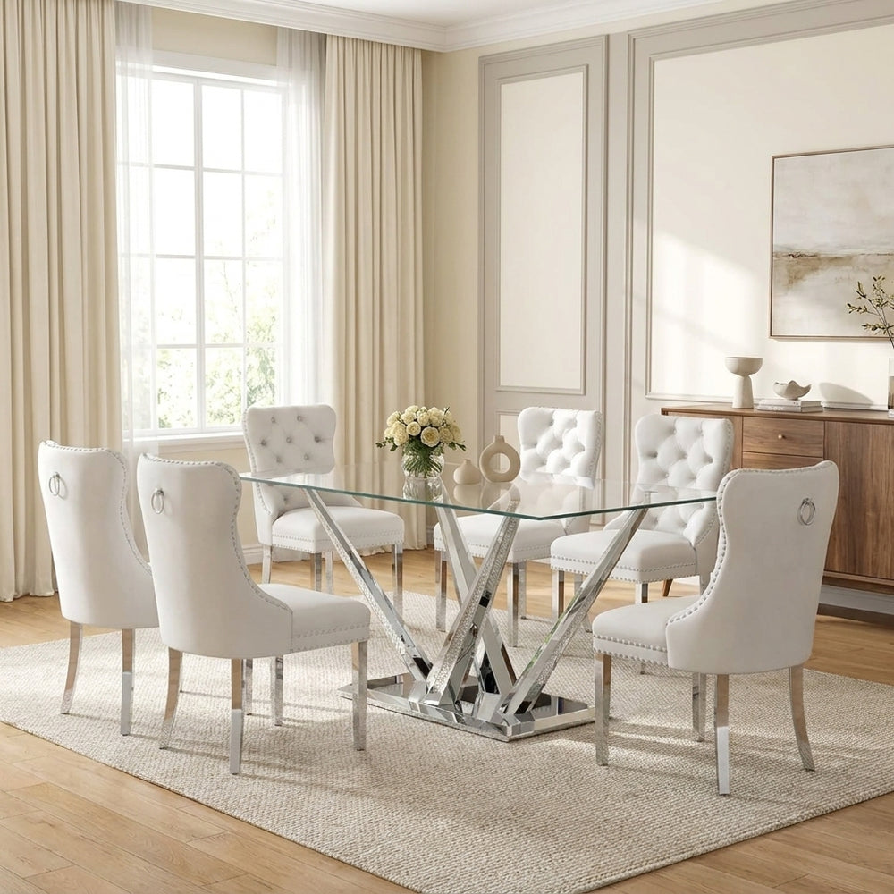 63 Inch Glass Dining Set, 7 Piece, Seats 6 White Velvet Chairs Silver Base - Zemorn