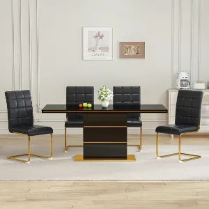 DT0215GB 5-Piece MDF Dining Set + 4 Black PU Chairs (Gold)