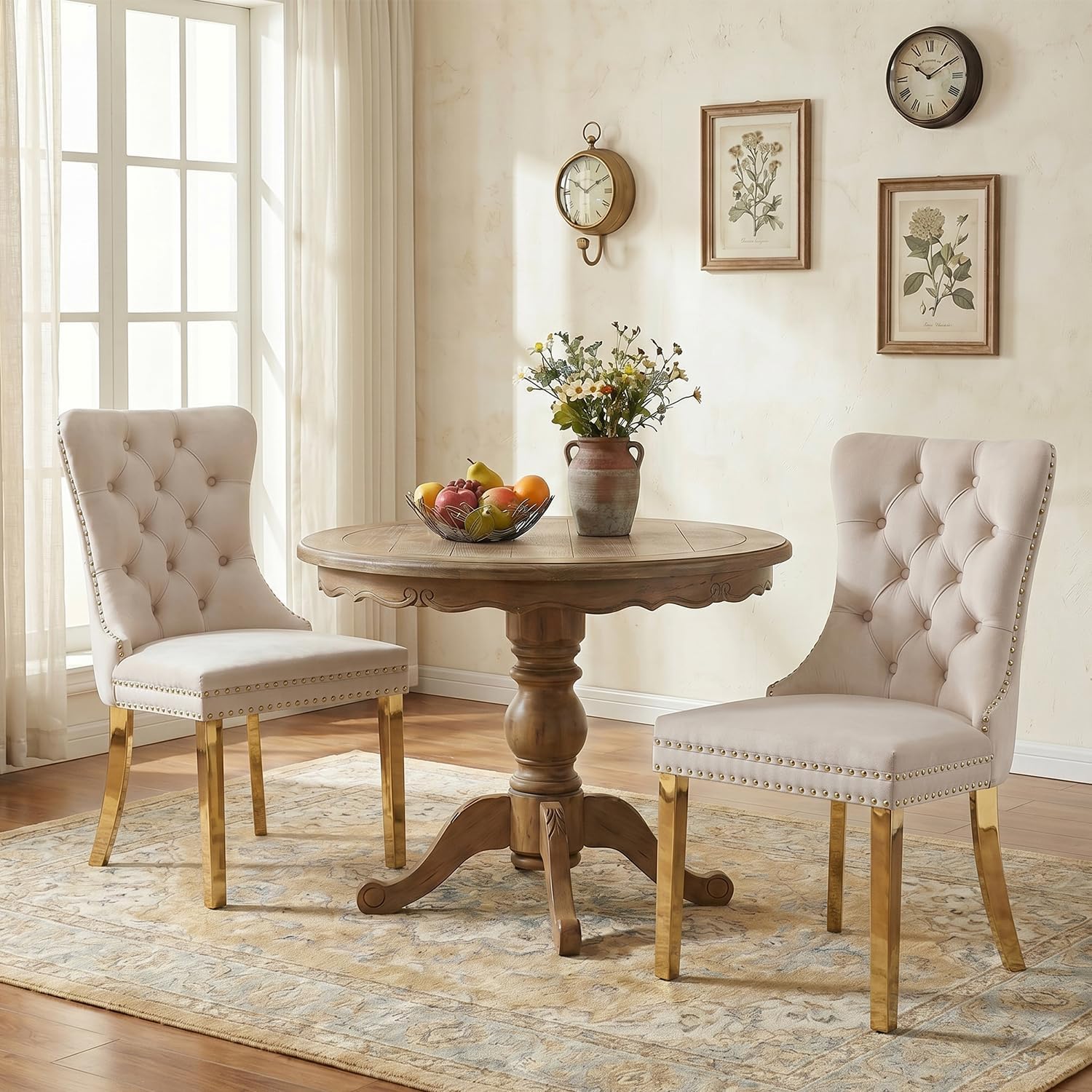 Velvet Dining Chair, Upholstered Tufted Dining Room Chair with Nailhead Trim, Metal Leg for Kitchen